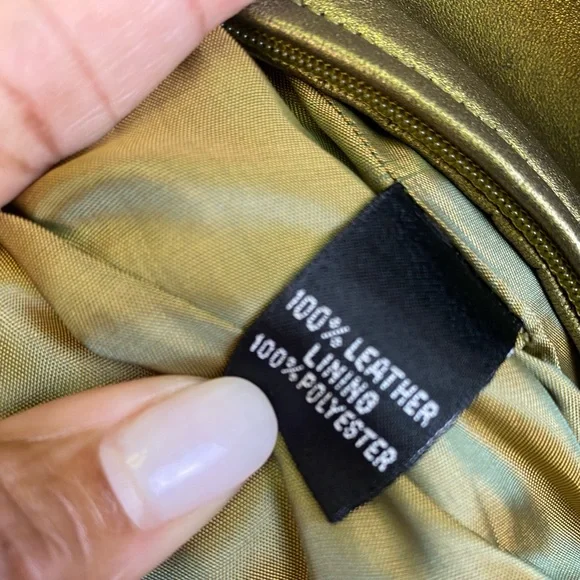 Linda Allard Ellen Tracy Metallic Green Gold Leather Jacket - Picture 4 of 10